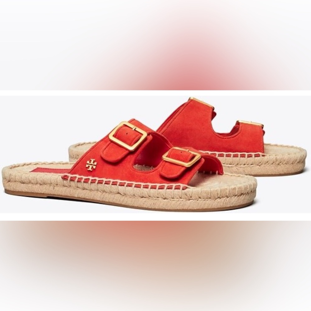 Tory Burch Two Band Flat Espadrille Slide in Bright Samba Kid Suede Size 8 New